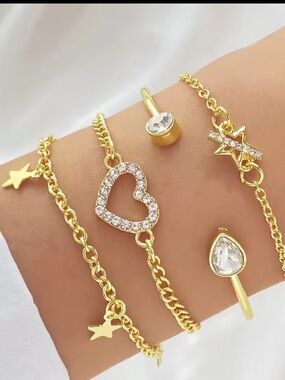 Gold Crystal Heart & Star Bracelet Set for Women